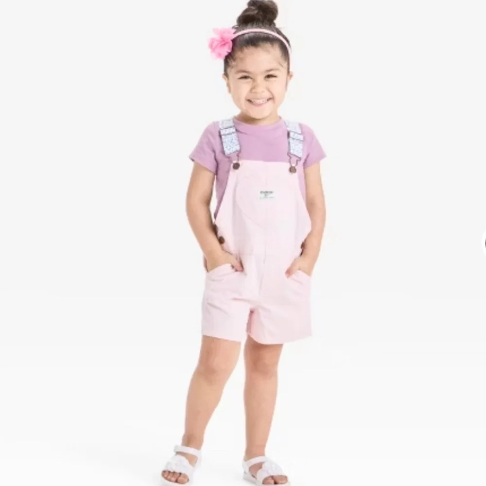 Oshkosh B'gosh Girls' 2T Heart-Print Knit Denim Overalls Pink‎